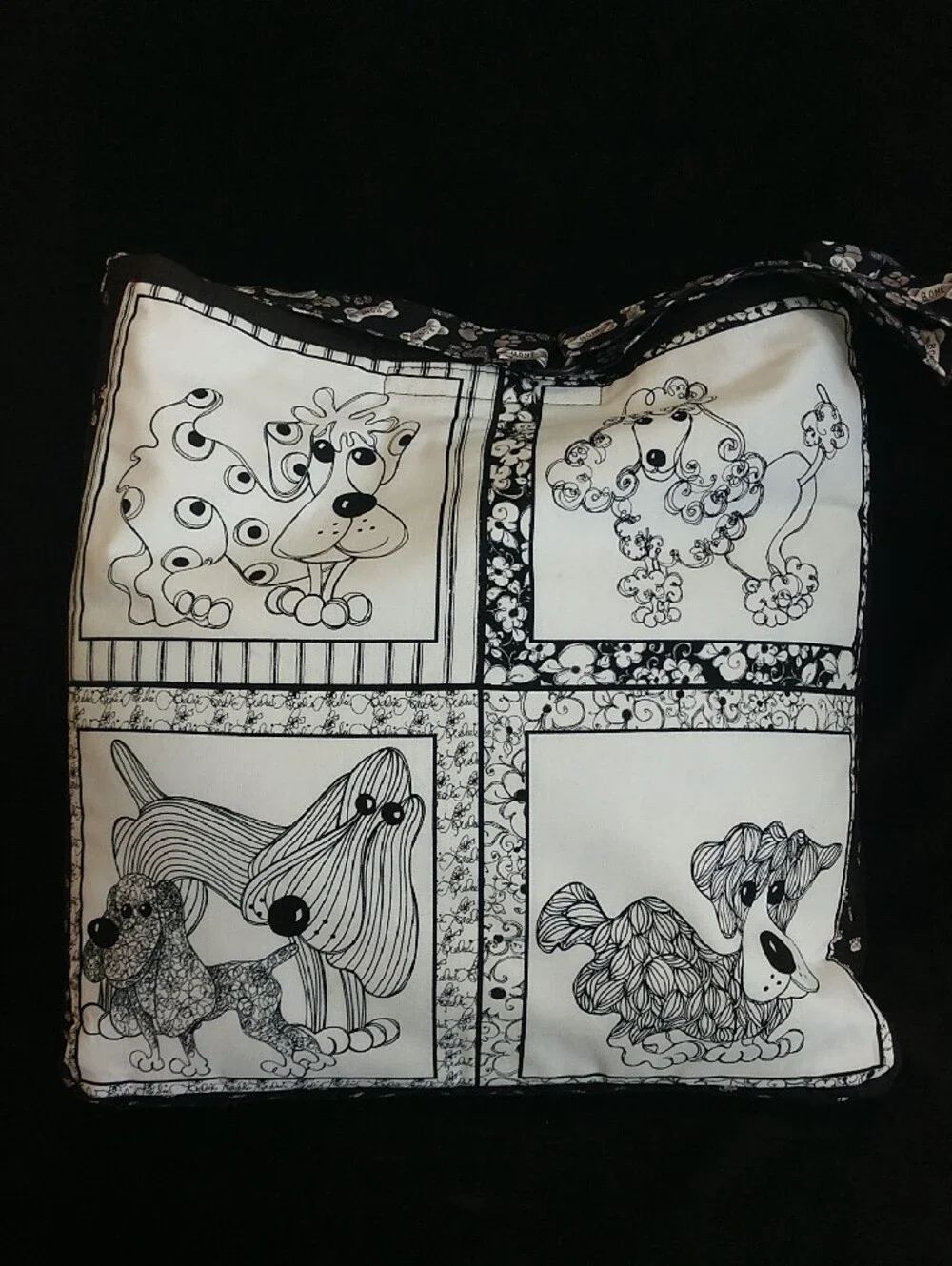 Black & White Dog Print Tote Bag With Adjustable Strap- Pets Dog